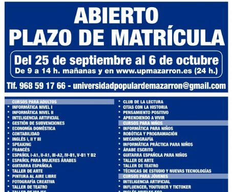 La Universidad Popular abre el próximo lunes 25 de septiembre el plazo de matrícula en sus cursos y talleres