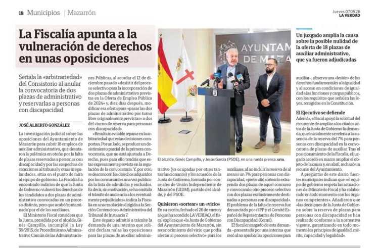 Partido Popular de Mazarrón: La Fiscalía señala una posible vulneración de derechos fundamentales en las oposiciones del Ayuntamiento de Mazarrón